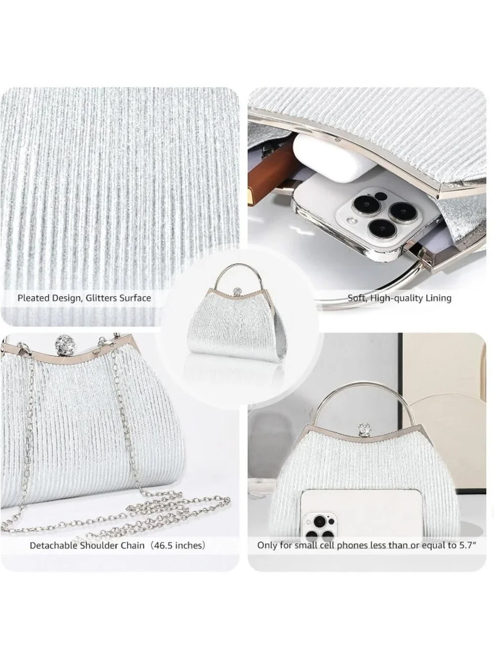 Women's Silver Y Glitter Pleated Clutch Purse For Sparkly Evening Wedding Bag
